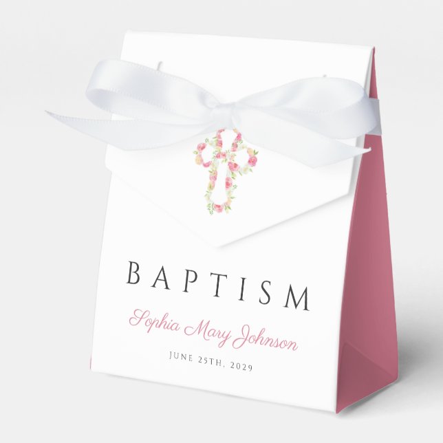 Elegant Pink Floral Cross Baptism Favor Boxes (Front Side)