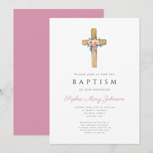 Elegant Pink Floral Cross Baptism Invitation (Front/Back)