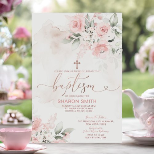 Elegant Pink Floral Cross Christening Baptism Invitation