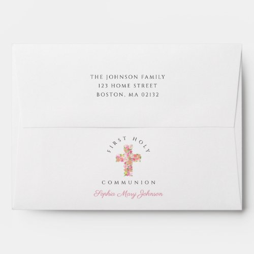 Elegant Pink Floral Cross First Communion Envelope