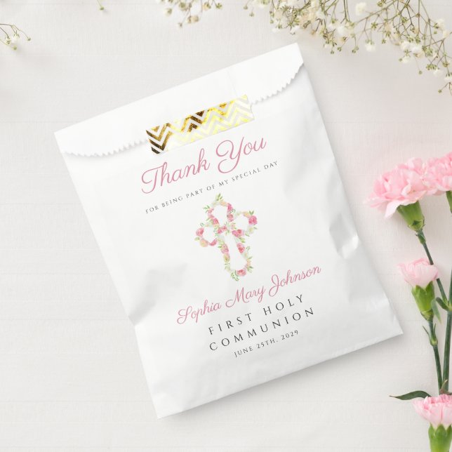 Elegant Pink Floral Cross First Communion Favor Bag (Sealed)