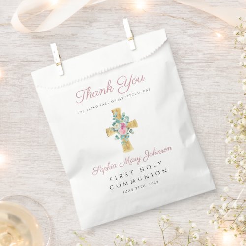 Elegant Pink Floral Cross First Communion   Favor Bag