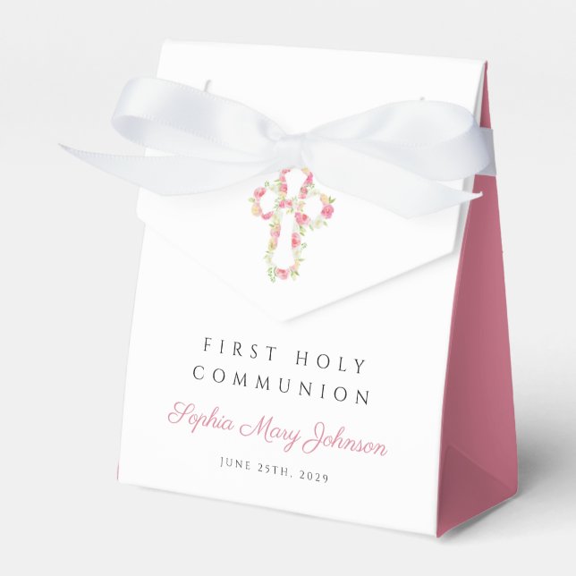 Elegant Pink Floral Cross First Communion  Favor Boxes (Front Side)