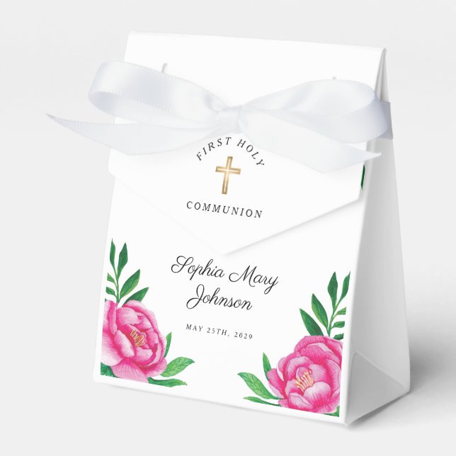 Elegant Pink Floral Cross First Communion  Favor Boxes (Front Side)