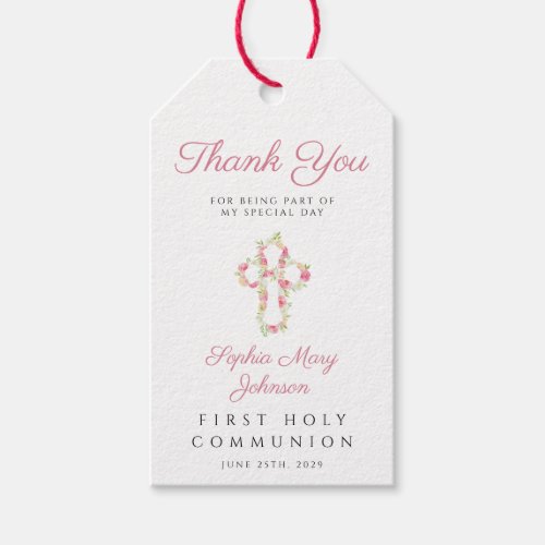 Elegant Pink Floral Cross First Communion  Gift Tags