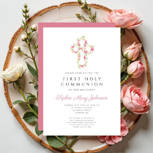 Elegant Pink Floral Cross First Communion Invitation