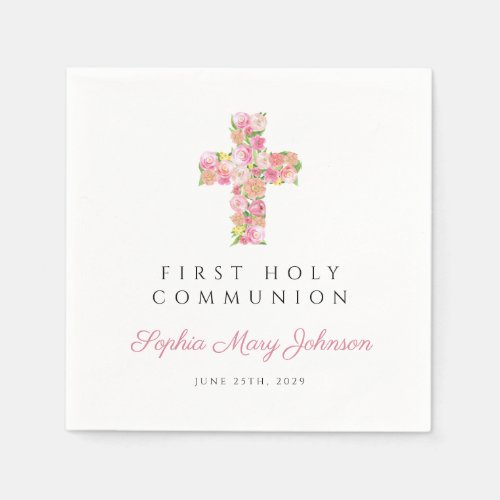 Elegant Pink Floral Cross First Communion Napkins