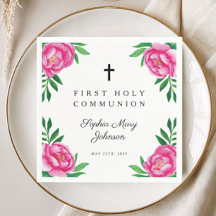 Elegant Pink Floral Cross First Communion Napkins