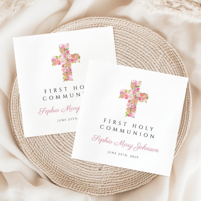 Elegant Pink Floral Cross First Communion Napkins (Elegant Pink Floral Cross First Communion Napkins)