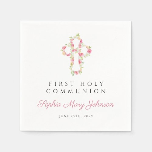 Elegant Pink Floral Cross First Communion   Napkins