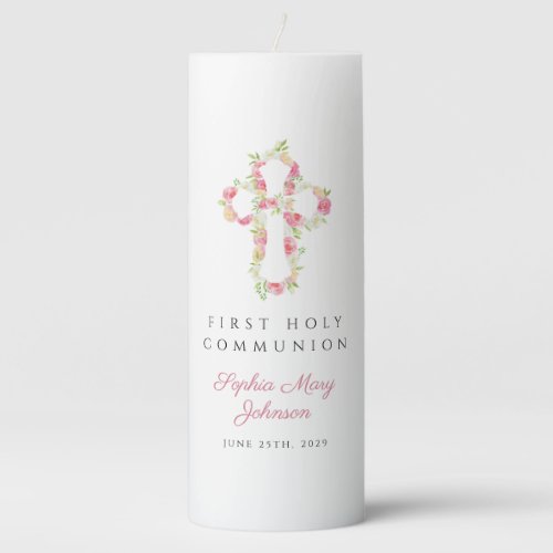 Elegant Pink Floral Cross First Communion  Pillar Candle