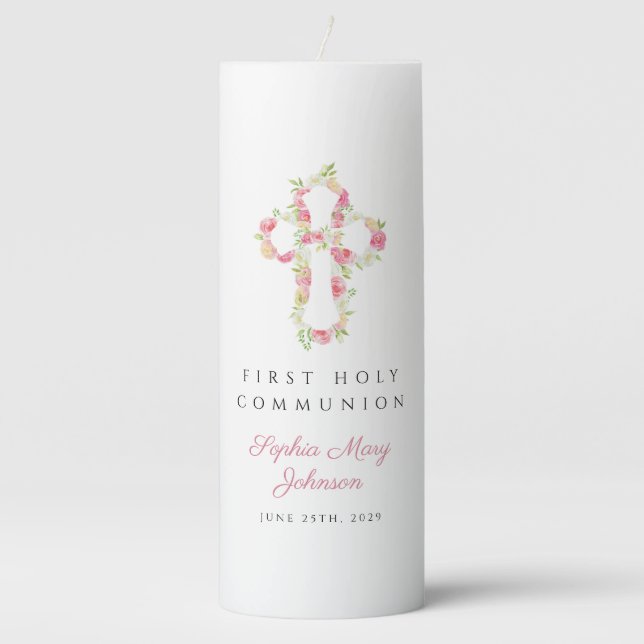 Elegant Pink Floral Cross First Communion  Pillar Candle (Front)