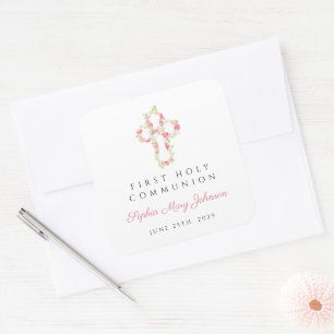 Elegant Pink Floral Cross First Communion Square Sticker