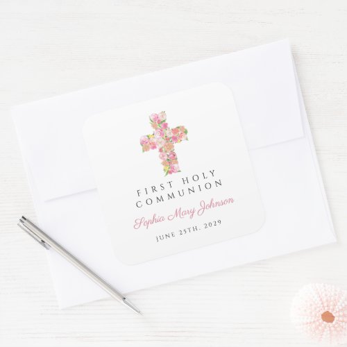 Elegant Pink Floral Cross First Communion Square Sticker