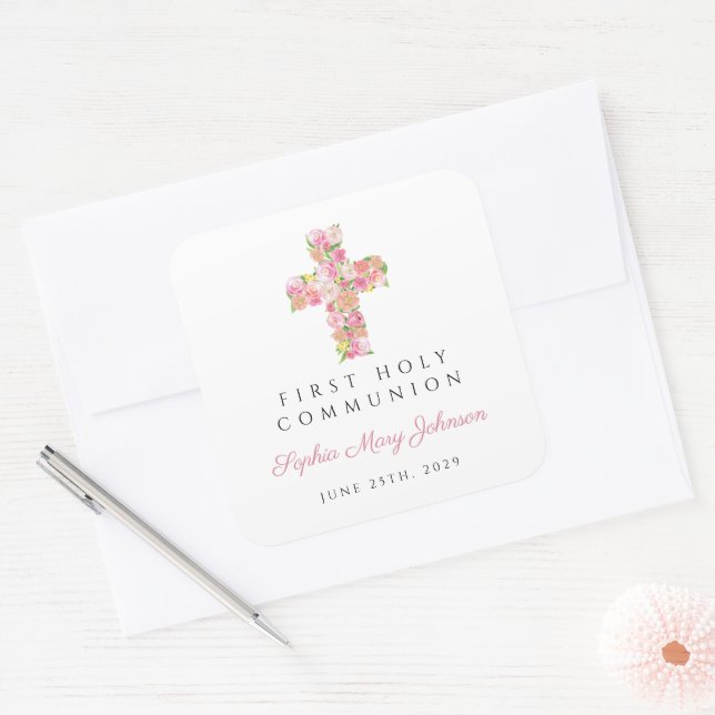 Elegant Pink Floral Cross First Communion Square Sticker (Envelope)