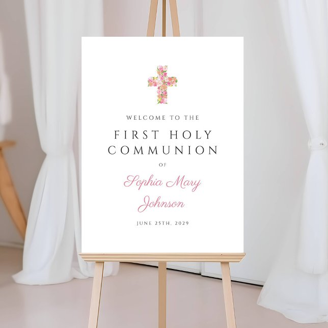 Elegant Pink Floral Cross First Communion Welcome Foam Board (Elegant Pink Floral Cross First Communion Welcome Foam Board)