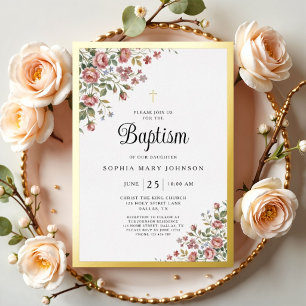 Elegant Pink Floral Cross Girl Baptism Gold Foil Invitation