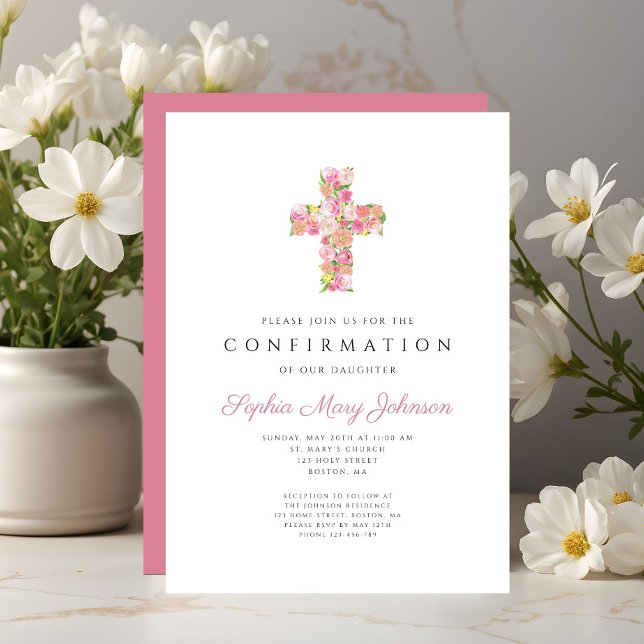 Elegant Pink Floral Cross Girl Confirmation Invitation (Elegant Pink Floral Cross Girl Confirmation Invitation)