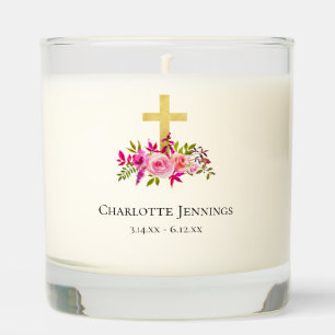 Elegant Pink Floral Cross In Memory Scented Candle