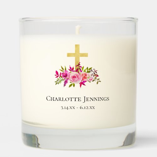Elegant Pink Floral Cross In Memory Scented Candle