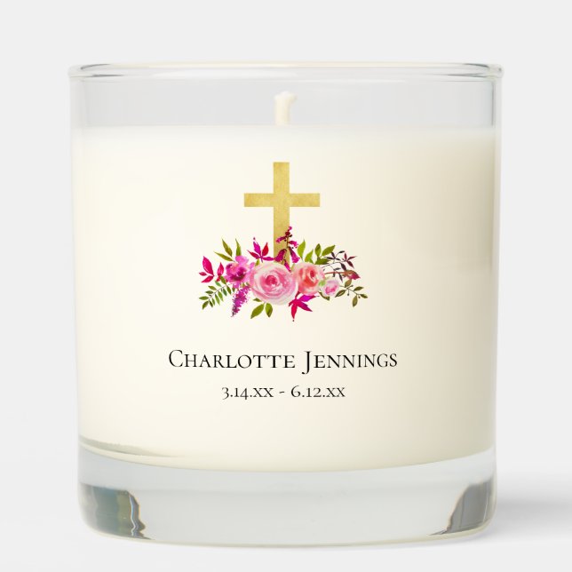 Elegant Pink Floral Cross In Memory Scented Candle (Front)