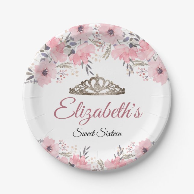 Elegant Pink Floral Crown Sweet 16 Birthday Paper Plates (Front)