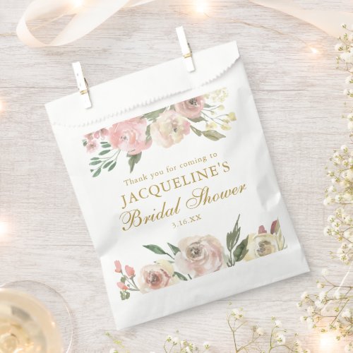 Elegant Pink Floral Custom Gold Bridal Shower Favor Bag