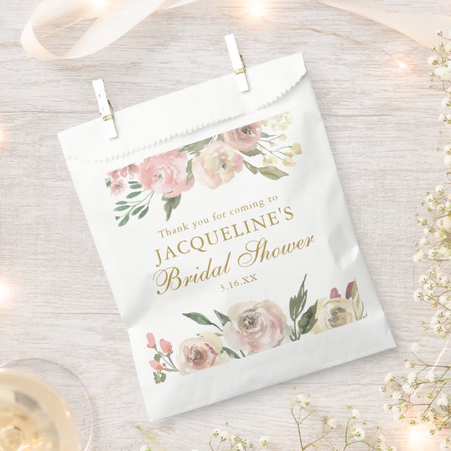 Elegant Pink Floral Custom Gold Bridal Shower Favor Bag (Clipped)