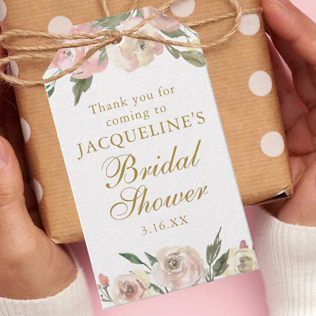 Elegant Pink Floral Custom Gold Bridal Shower Gift Tags | Zazzle