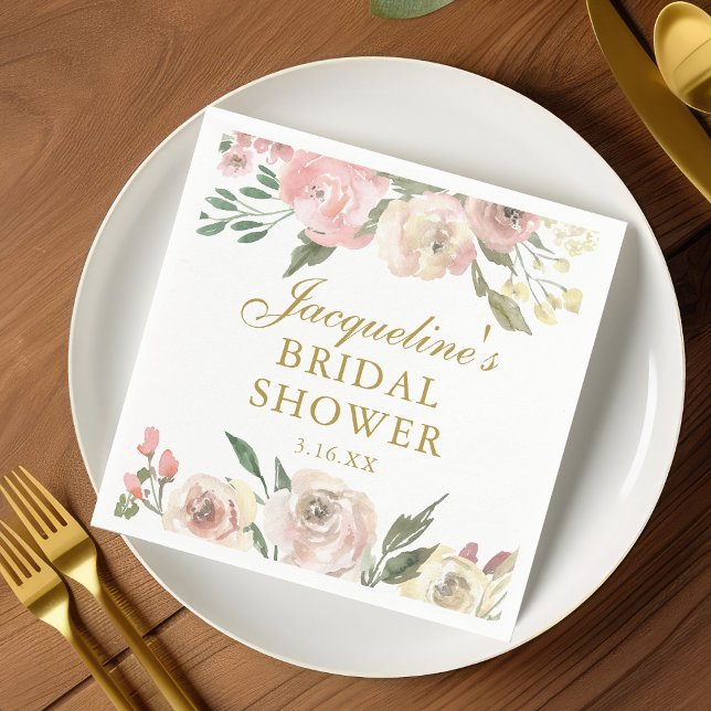 Elegant Pink Floral Custom Gold Bridal Shower Napkins (Creator Uploaded)