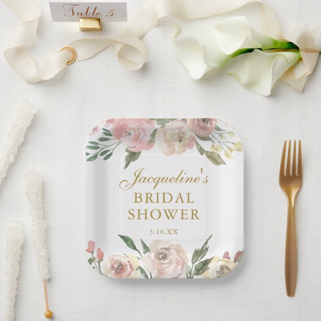 Elegant Pink Floral Custom Gold Bridal Shower Paper Plates (Wedding)