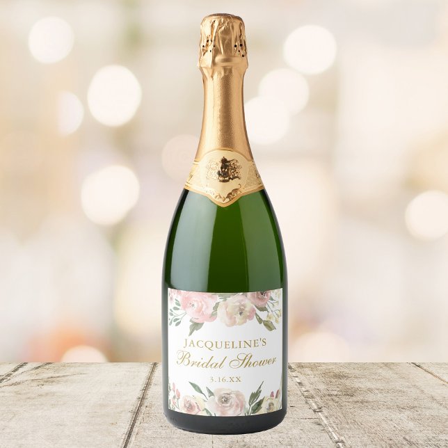 Elegant Pink Floral Custom Gold Bridal Shower Sparkling Wine Label (Creator Uploaded)