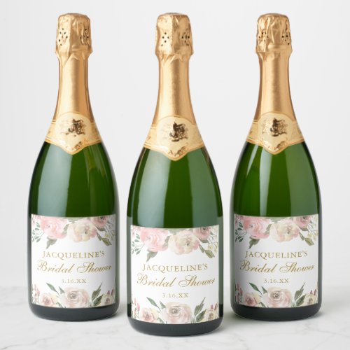 Elegant Pink Floral Custom Gold Bridal Shower Sparkling Wine Label