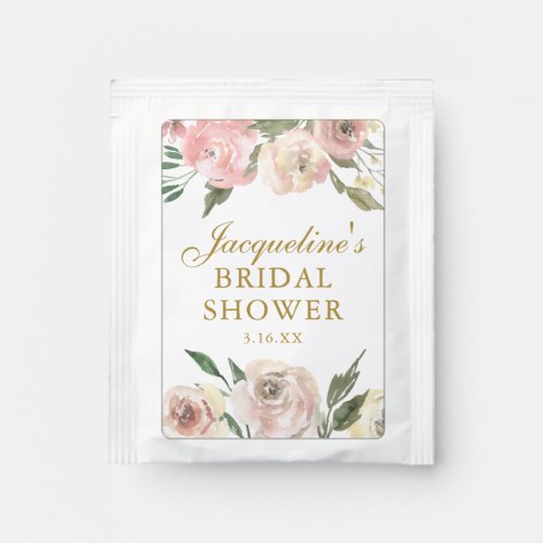 Elegant Pink Floral Custom Gold Bridal Shower Tea Bag Drink Mix