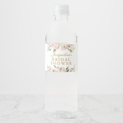 Elegant Pink Floral Custom Gold Bridal Shower Water Bottle Label
