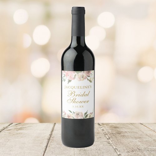 Elegant Pink Floral Custom Gold Bridal Shower Wine Label