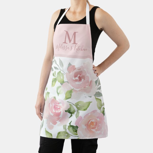 Elegant Pink floral custom monogram apron (Insitu)