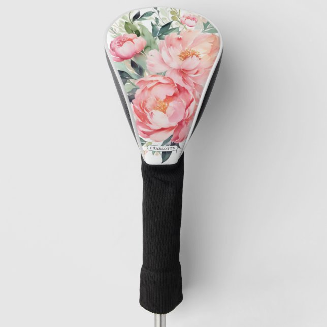 Elegant Pink Floral Custom Name Golf Head Cover (Front)