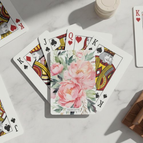 Elegant Pink Floral Custom Name Poker Cards