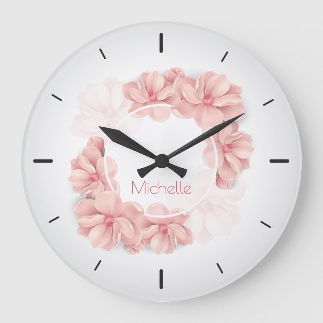 Elegant Pink Floral Custom Name | Wall Clock (Front)