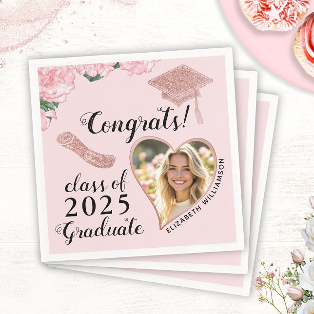 Elegant Pink Floral Custom Photo Graduation Napkins (Creator Uploaded)