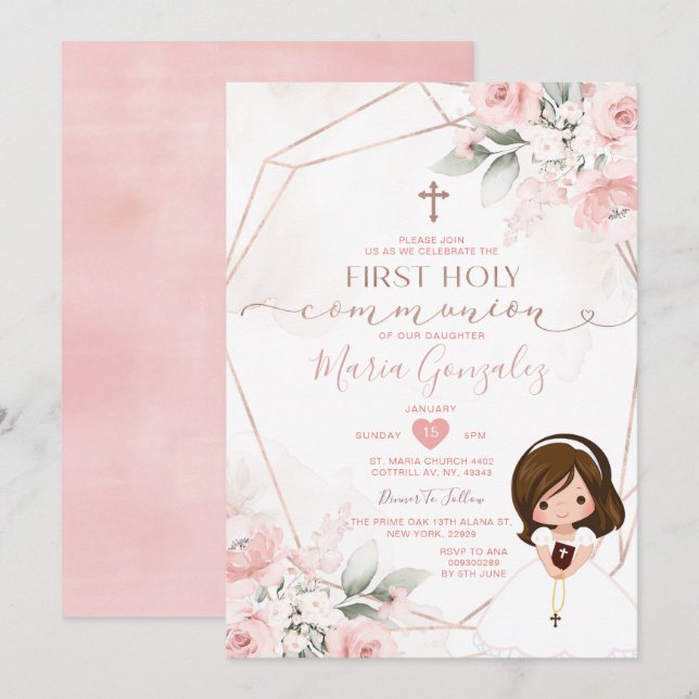 Elegant Pink Floral Cute Girl First Holy Communion Invitation (Front/Back)
