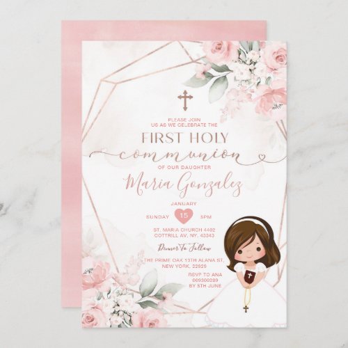 Elegant Pink Floral Cute Girl First Holy Communion Invitation