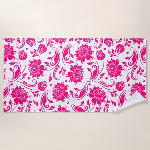 Elegant pink floral damask pattern beach towel