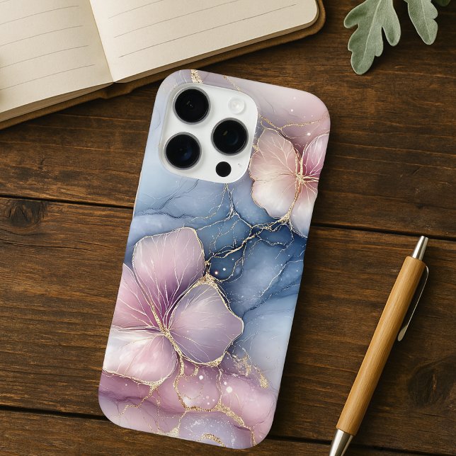 Elegant Pink Floral Design with Blue Marble Effect Case-Mate iPhone Case (Creator Uploaded)