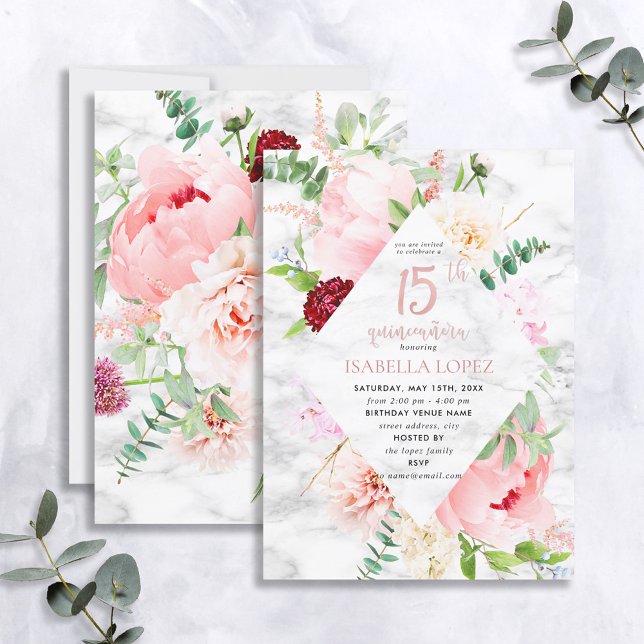Elegant Pink Floral Diamond Script Quinceañera Invitation (Creator Uploaded)