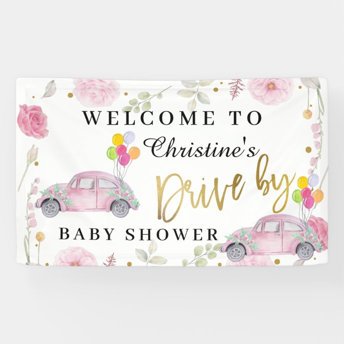 Elegant Pink Floral Drive By Baby Shower Welcome Banner