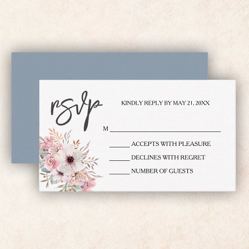 Elegant Pink Floral Dusty Blue White RSVP Card