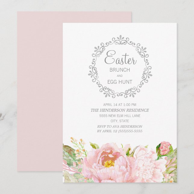 Elegant Pink Floral Easter Brunch Egg Hunt Invitation (Front/Back)