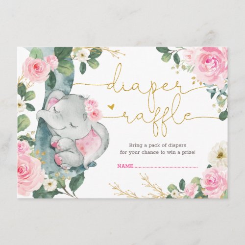 Elegant Pink Floral Elephant Shower Diaper Raffle Enclosure Card